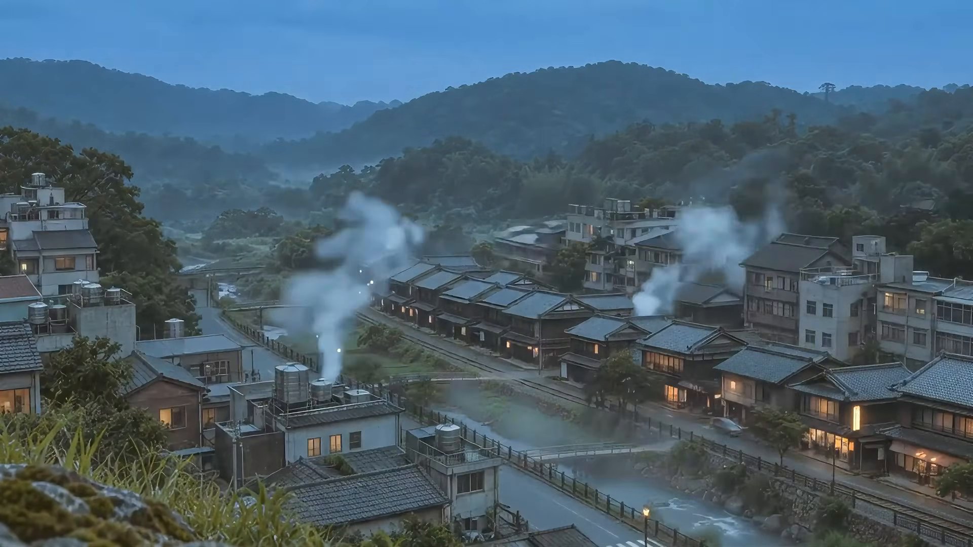 暮色山谷溫泉聚落，白煙自屋頂與溪谷升起